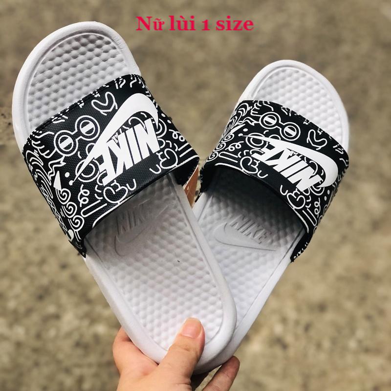 Dép unisex 𝐍𝐈𝐊𝐄 ❤️FREESHIP + Hộp❤️ dép quai ngang thể thao nam nữ mk in 𝐍𝐈𝐊𝐄-𝐁𝐚𝐧𝐚𝐬𝐬𝐢 Hoạt-hình-trắng-quai-đen