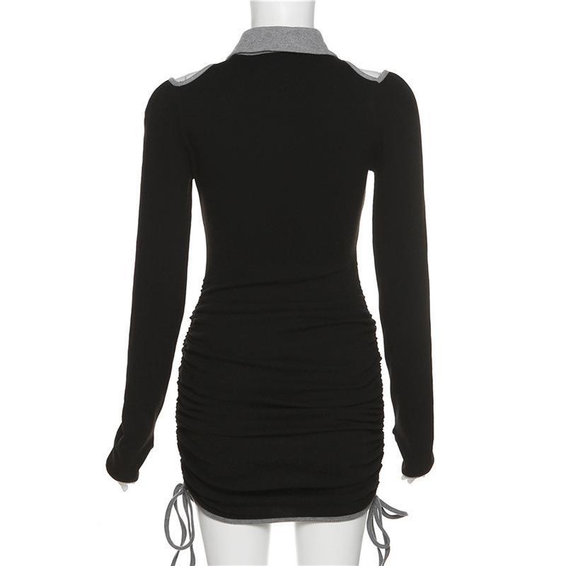 Đầm Tay Dài Cổ Polo Phối Dây Rút Xếp Ly Thời Trang Cho Nữ