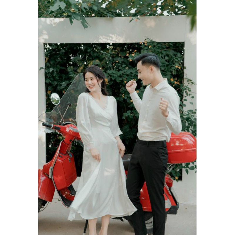 váy trắng tay dài cô dâu mặc chụp ảnh cưới phong cách tiểu thư