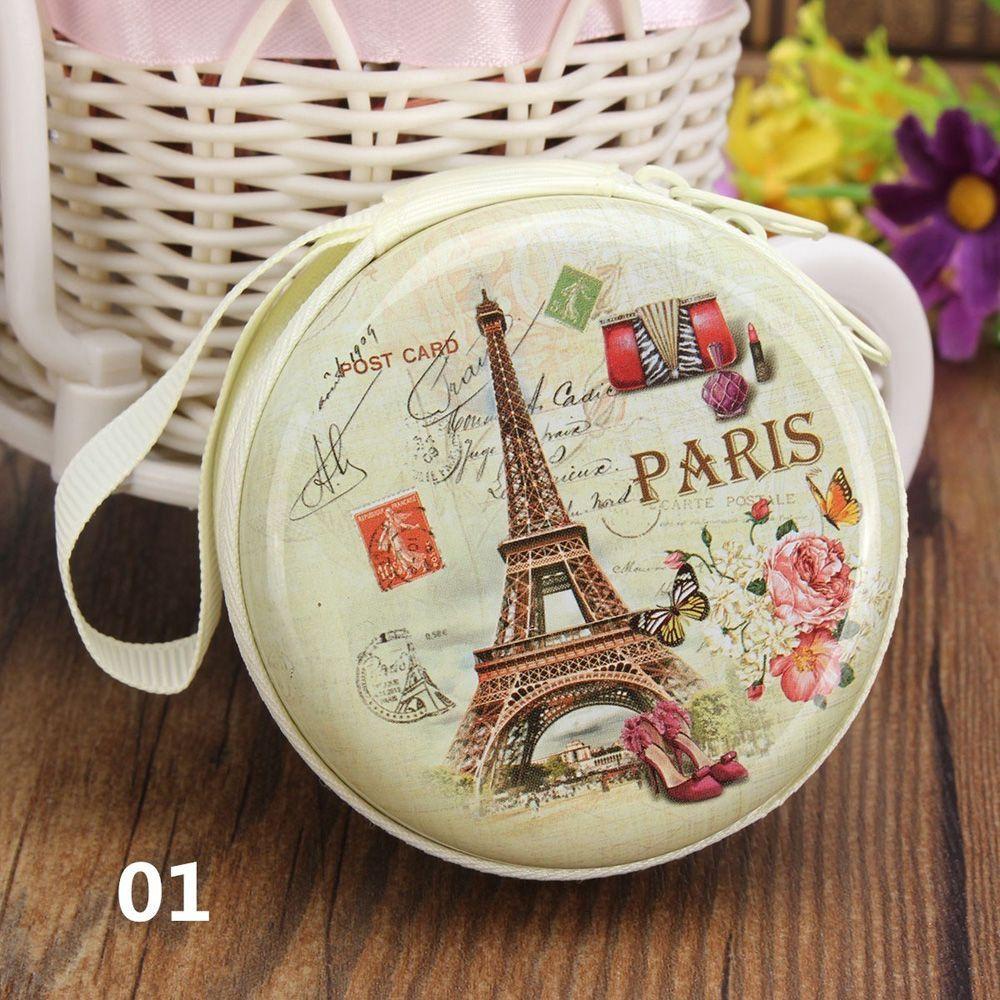 Túi Đựng Tai Nghe / Chìa Khóa Hình Tròn In Họa Tiết Tháp Paris Hoạt Hình Dễ Thương Thời Trang