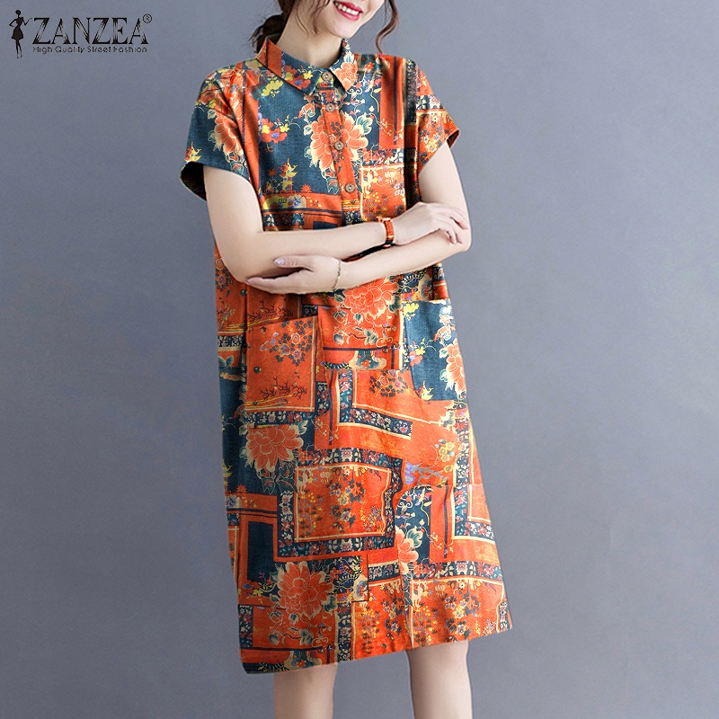 Đầm ngắn Zanzea tay ngắn cổ bẻ có túi trước dáng rộng thời trang dành cho nữ