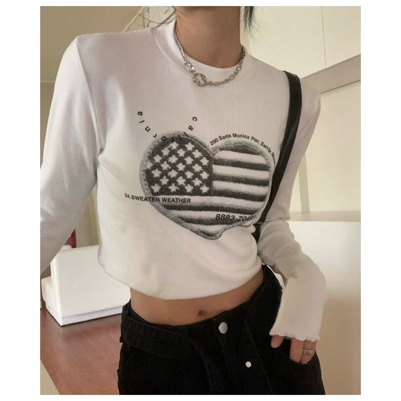 Áo thun lửng tay dài cổ tròn in họa tiết thời trang Hàn Quốc