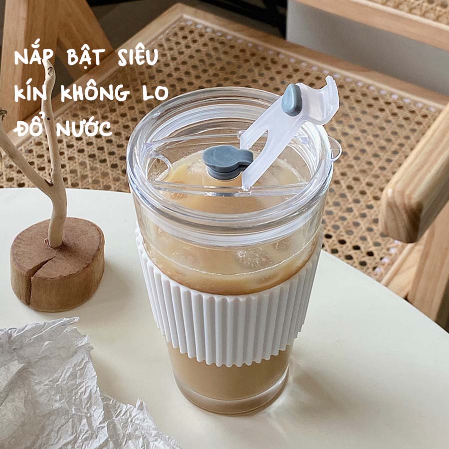 Cốc Thủy Tinh Chịu Nhiệt, Bọc Silicone Kèm Ống Hút Phong Cách Hàn Quốc BTT002
