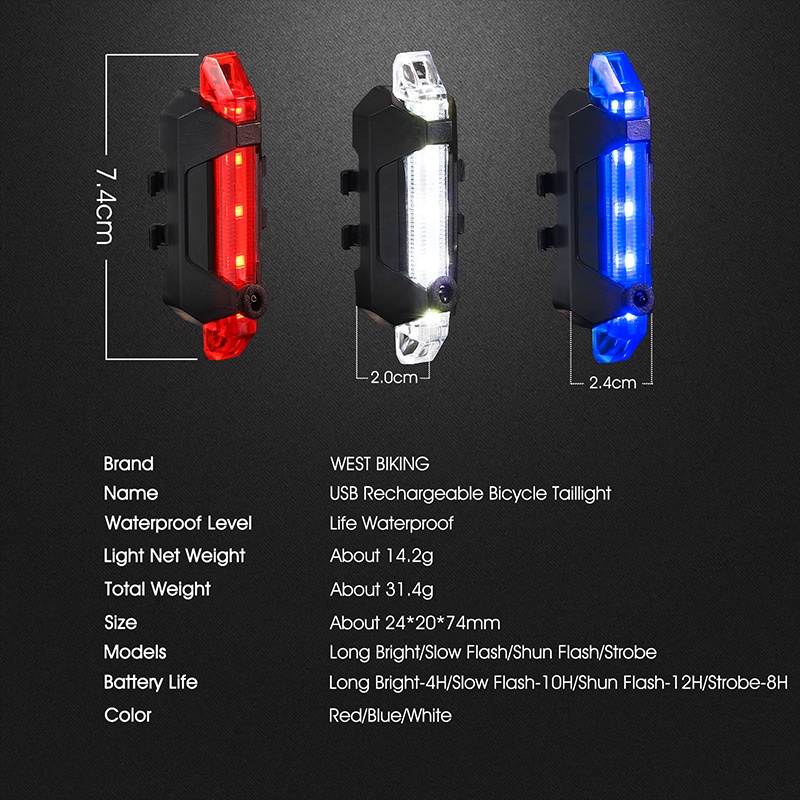 Đèn đuôi xe đạp WEST BIKING sạc usb chống thấm nước có thể gấp gọn tiện lợi