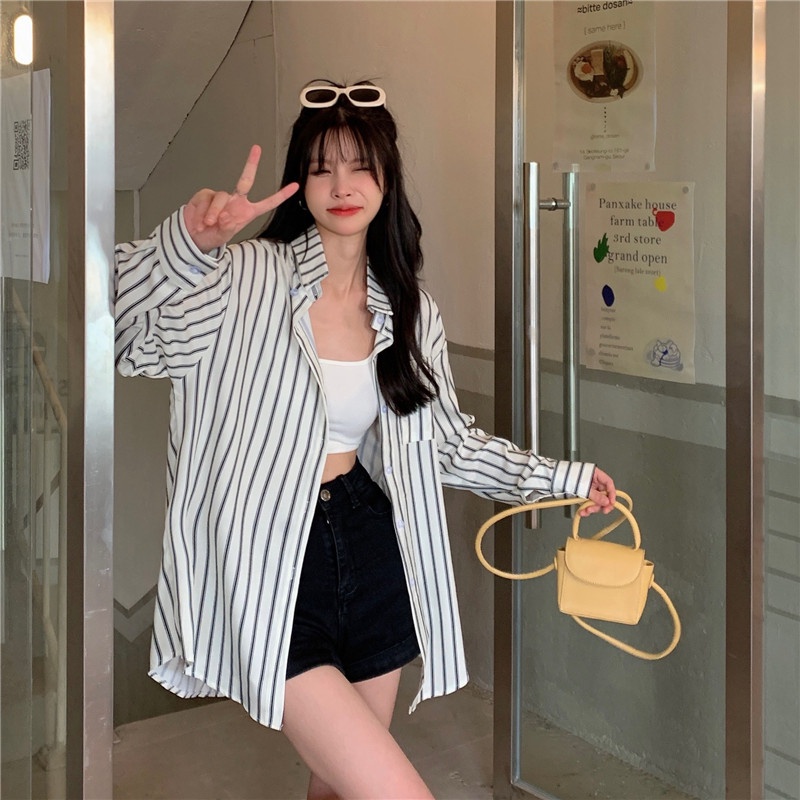 SUXI Áo Sơ Mi Nữ Dài Tay Họa Tiết Sọc Dọc Thời Trang