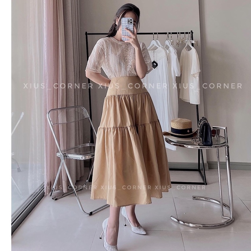 Chân váy dài, chân váy xòe tầng dáng dài vải không nhăn order Taobao đồ ulzzang phong cách Hàn Quốc 2021