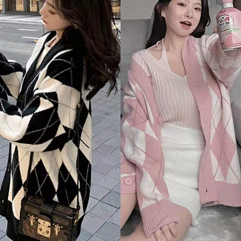 Áo khoác cardigan tay dài họa tiết caro hình thoi hợp thời trang cho nữ