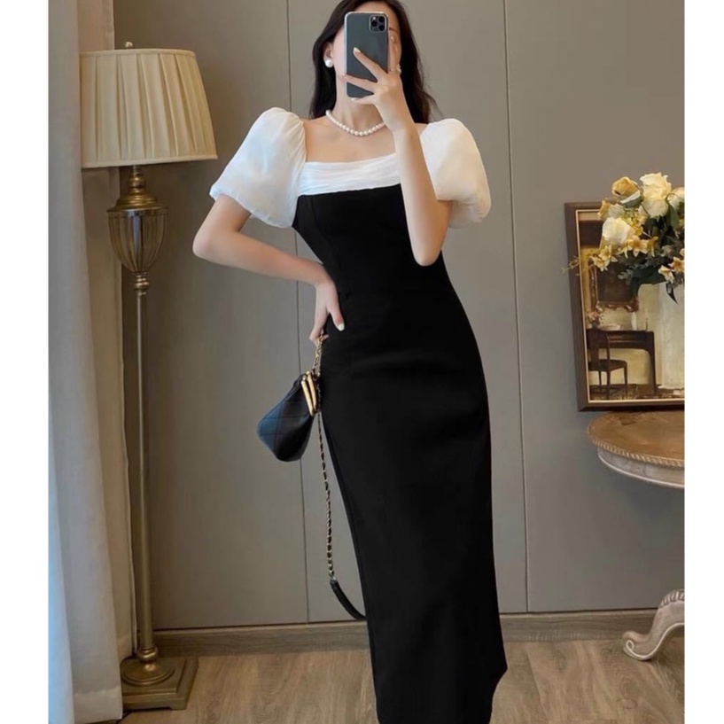 Đầm cổ vuông tay bồng,váy đen dự tiệc dáng dài thiết kế cotton full 2 lớp phối tơ oganza tiểu thư dạo phố  XM Minh Phúc