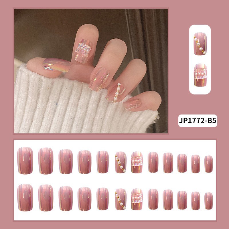 Set 24 móng tay giả tráng gương đính charm ngọc ánh kim đẹp lung linh NT01