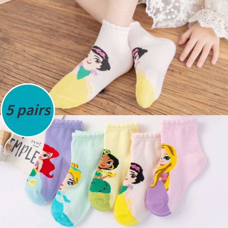 Set 5 Đôi Vớ Cotton Thoáng Khí In Họa Tiết Hoạt Hình Disney Xinh Xắn Dành Cho Bé Gái