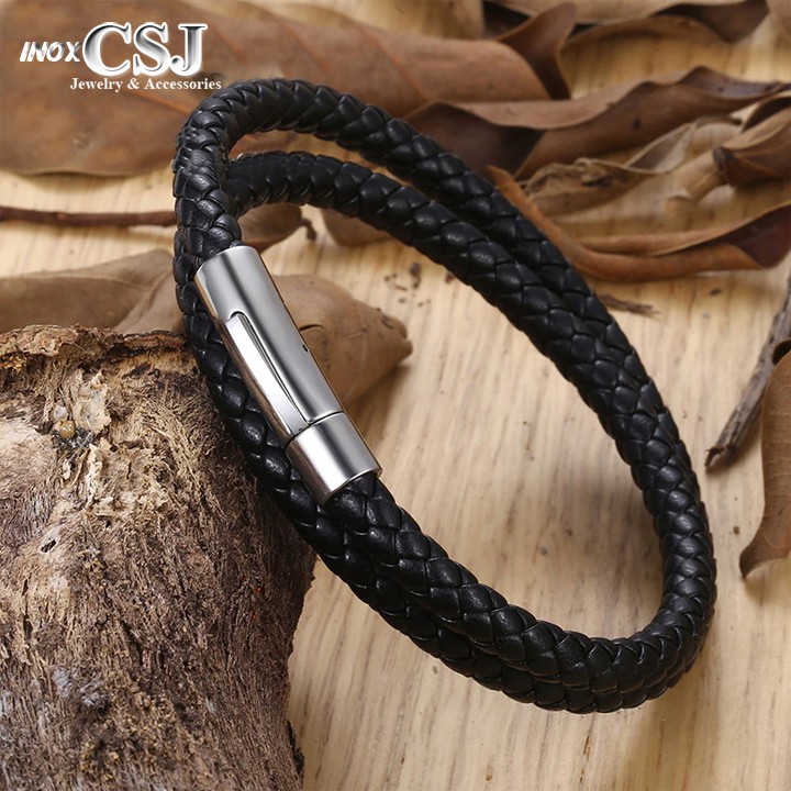 VÒNG TAY NAM DA SIMILI ĐEN KHÓA INOX CAO CẤP siêu đẹp, chuẩn thời trang