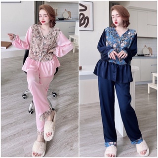 Đồ ngủ Bigsize 55-100kg TD03 dài tay chất lụa hàn phối satin