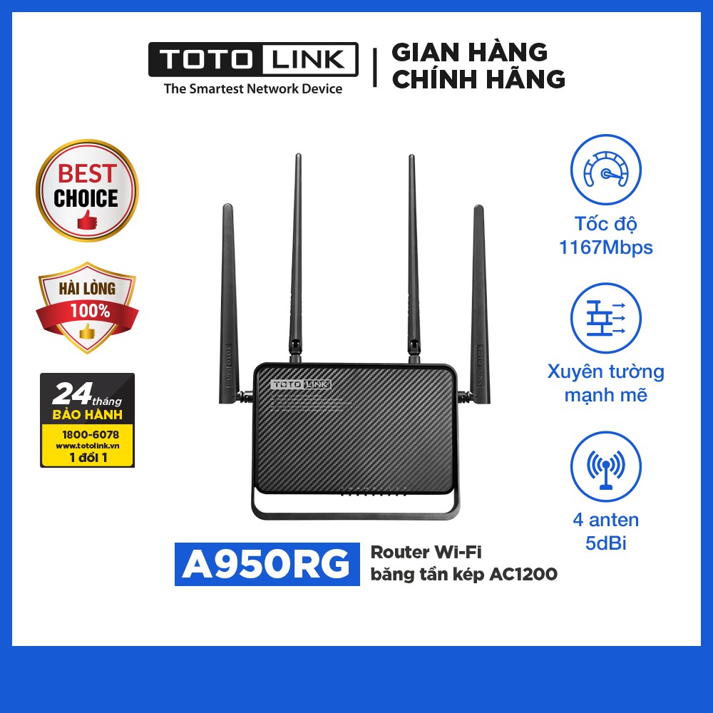 Cục phát wifi router wifi băng tần kép chuẩn AC 1200Mbps TOTOLINK A950RG
