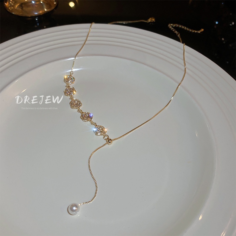 DREJEW Dây chuyền mạ vàng mặt hoa đính ngọc trai sang trọng cho nữ