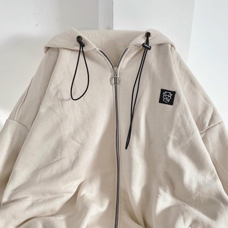Áo khoác dây kéo nỉ lót bông logo Bò Cow thêu unisex (nam nữ mặc được)