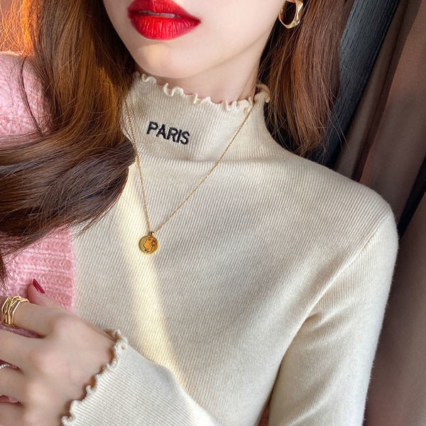 Áo thun nữ tay dài cổ cao thêu chữ thời trang mới