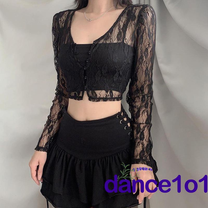 Áo croptop tay dài cổ chữ V phối ren quyến rũ dành cho nữ