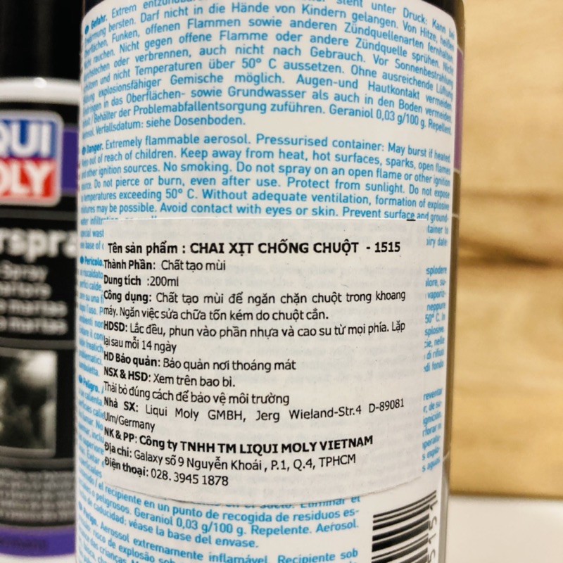 CHAI XỊT CHỐNG CHUỘT - ĐUỔI CHUỘT CHO XE Ô TÔ - XE MÁY LIQUI MOLY MARDER SPRAY 1515 - 200ML Made in Germany