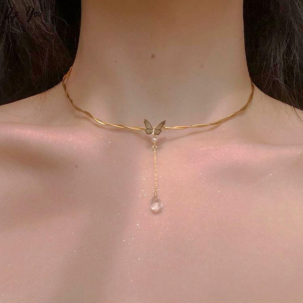 Vòng cổ Mặt Hình Bướm Đính Ngọc Trai Đơn Giản Thanh Lịch Cho Nữ