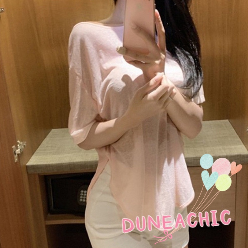 DUNEA Áo Thun Ngắn Tay Dáng Rộng Hở Lưng Gợi Cảm Dành Cho Nữ