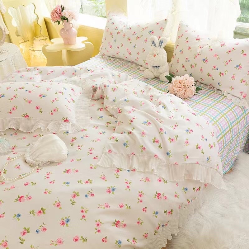 Bộ chăn ga kèm 2 vỏ gối COTTON TICI ĐŨI viền bèo vintage ( ko kèm ruột)