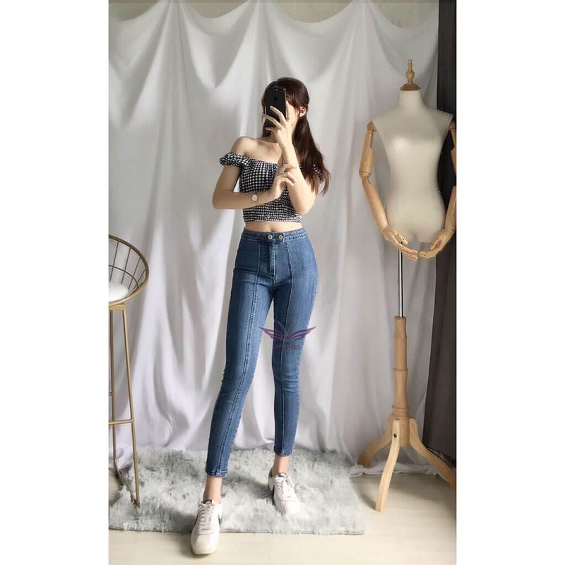 Quần skinny jean nữ cạp cao co giãn tốt 9 tấc/VNXK/kiểu sọc dọc 2 nút