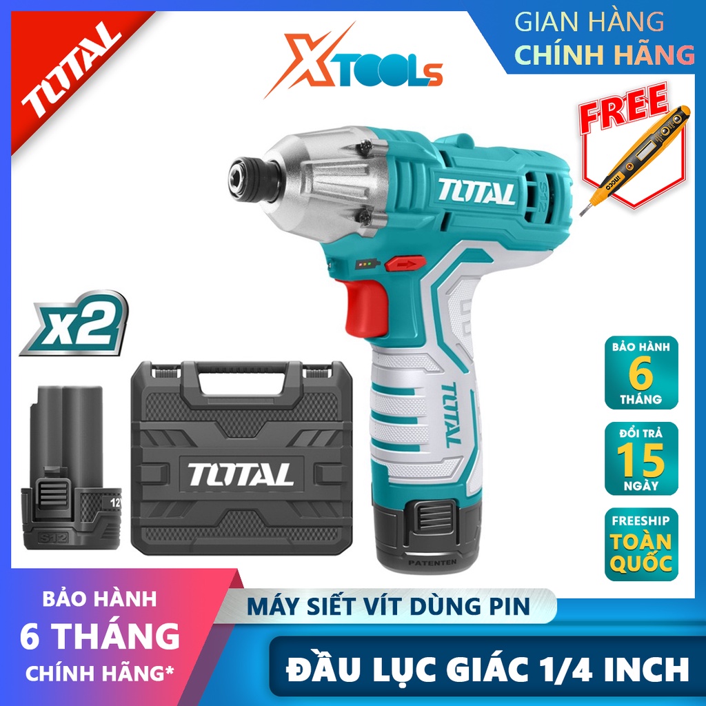 Máy bắn vít mini dùng pin 12v TOTAL TIRLI1201 điện áp sạc 220v tốc độ 2000v/p, tốc độ búa 2800ipm, đầu lục giác: 1/4"