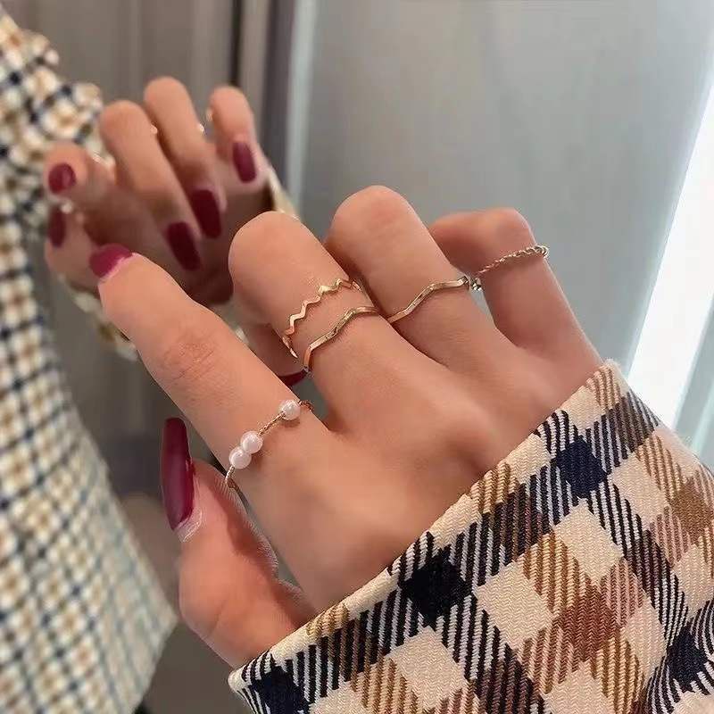 Set Nhẫn Đeo Tay Kim Loại Gợn Sóng Thời Trang Hàn Quốc