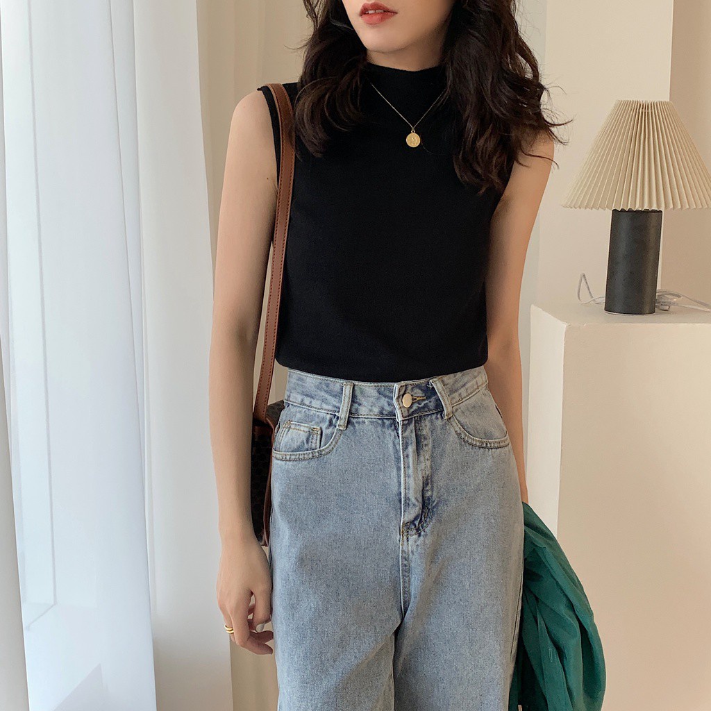 Áo dệt kim không tay cổ cao dáng ôm thời trang dành cho nữ