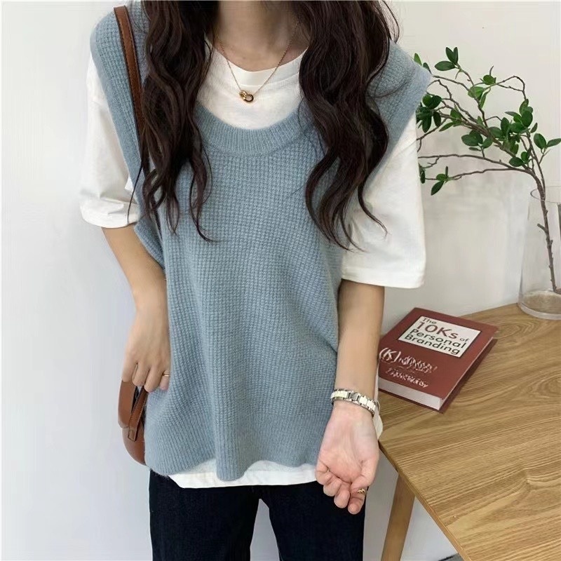 Áo gile nữ chất len cổ tròn xẻ vạt nhiều màu hàng Quảng Châu, áo gile len màu trơn basic Vintage Phong Cách Hàn Quốc