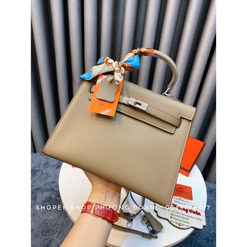 [KL25 FULL BOX]Túi da sần khoá trăng size 25cm tặng kèm khăn lụa