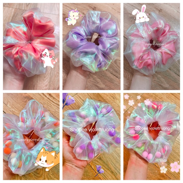 Combo 2 cái Cột tóc Scrunchies pom pom - Scrunchies pompom - cột tóc pom pom - cột tóc lollipop