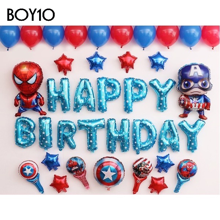 Tặng Bơm + Keo Sét Bóng Trang Trí Sinh Nhật Thôi Nôi Siêu Nhân Người Nhện Captain Bé Trai