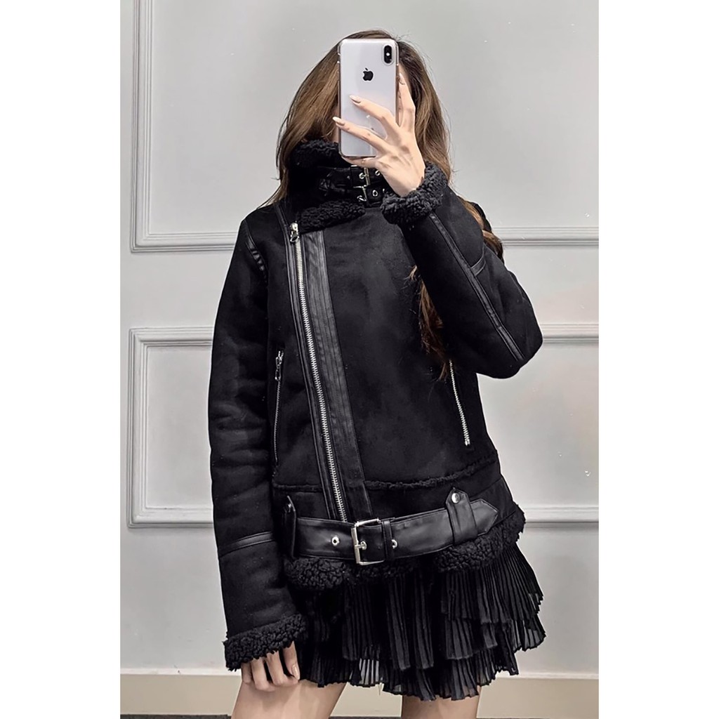 ÁO KHOÁC DA LỘN ZARA XUẤT NỮ DÁNG BIKER LÓT LÔNG MÀU NÂU ĐEN