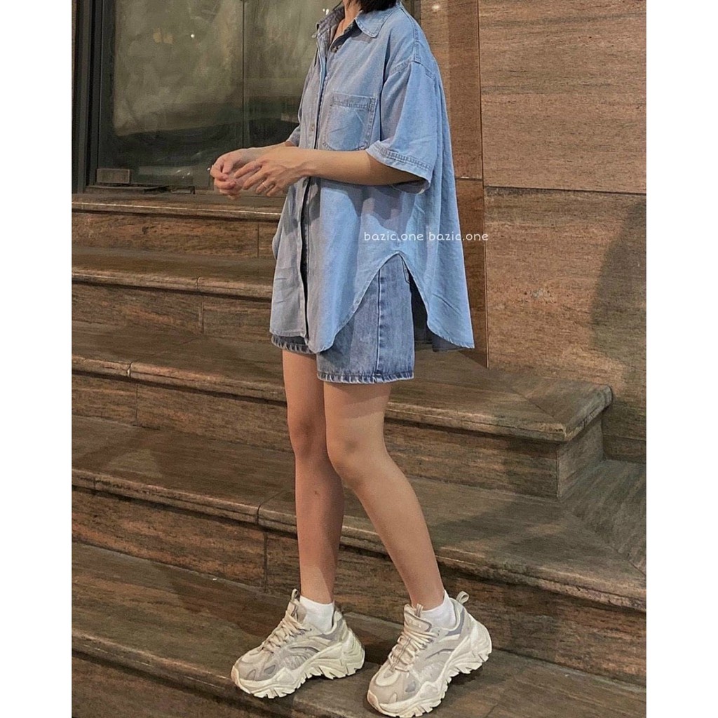 Áo sơ mi denim unisex tay lỡ - Áo sơ mi jean bò xanh form thụng tay lỡ chất siêu đẹp dáng oversize mặc đôi  C423 | BigBuy360 - bigbuy360.vn