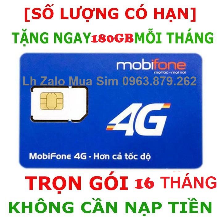 Sim 4g Mobifone trọn gói 16 tháng 180GB/tháng  12Max90 Trọn gói không cần nạp tiền sim dùng toàn quốc