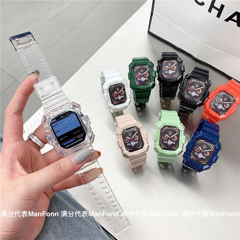 【9 Màu】 Dây đeo silicon trong suốt + bao phủ cho Apple Watch series 7 6 5 4 3 2 1 Dây đeo thể thao thiết kế Casio 45mm 41mm 40mm 44mm 38mm 42mm khả năng chống rơi