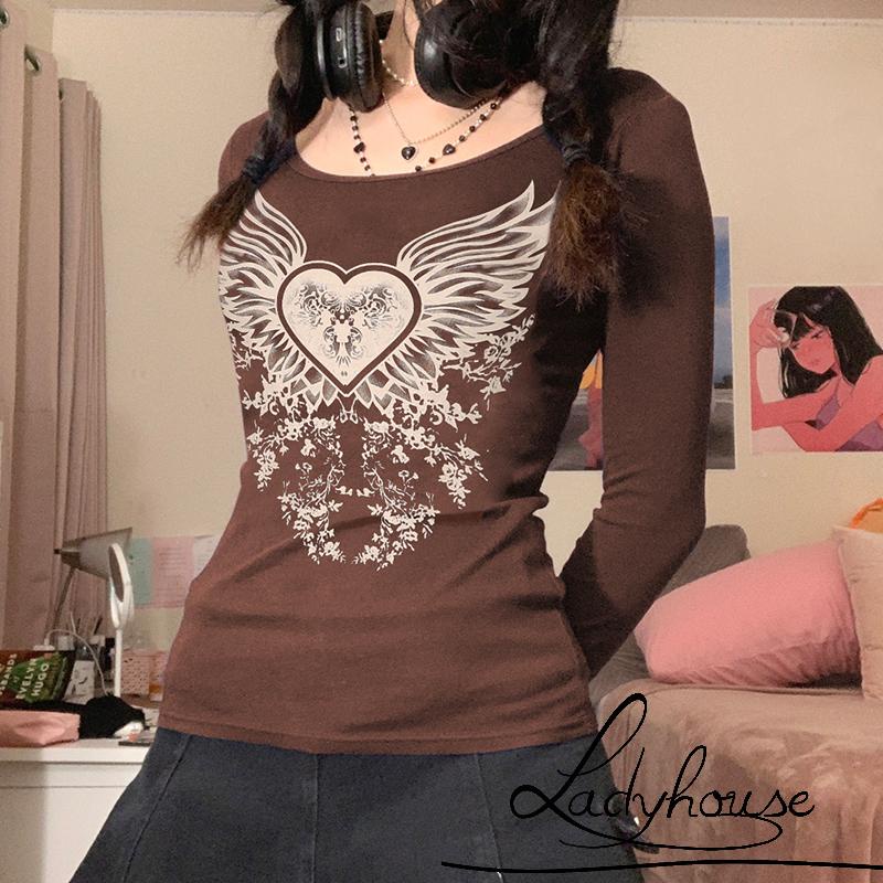 Áo thun tay dài cổ tròn in họa tiết màu nâu size S/ M/ L cho nữ