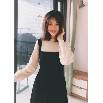 Váy len tiểu thư sành điệu áo len phối với váy hai dây cổ vuông Thu Đông cơ bản dạo phố Ulzzang Hàn Quốc phong cách Anh