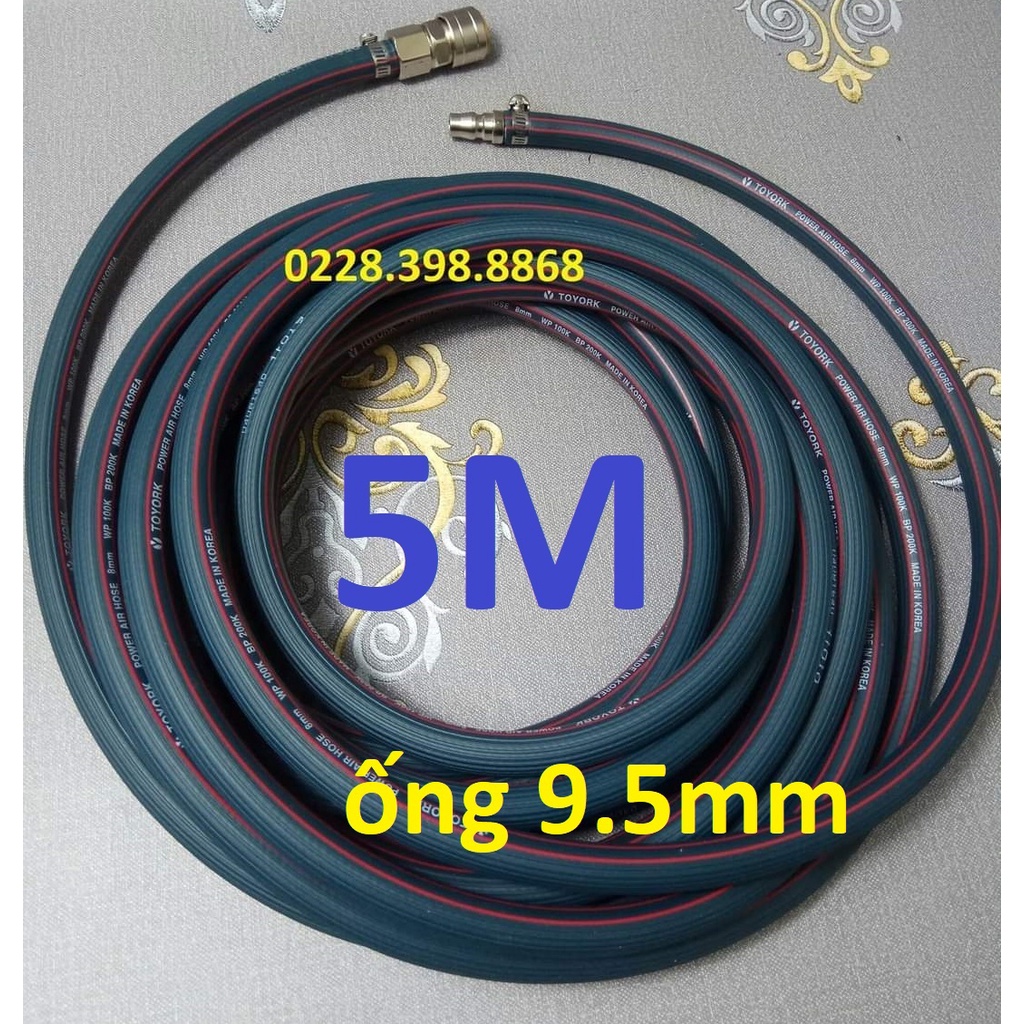 Dây hơi cao su bố vải 5m, made in Korea, lỗ 9.5mm, kèm bộ đầu nối nhanh cao cấp (SS2597) (SS1994)