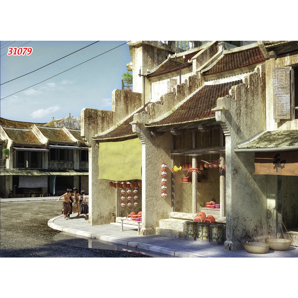 Tranh dán tường phong cách phong cách Hà Nội xưa bẢn trang trí Cửa Hàng 3D tặng keo và dụng cụ dán