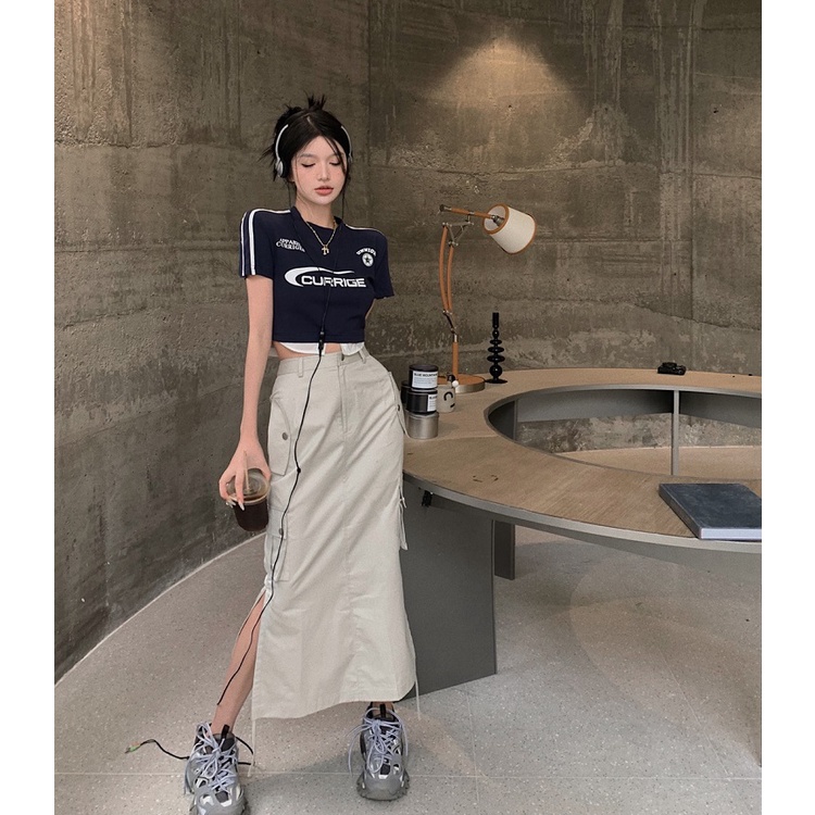 Set Áo Croptop Ngắn Tay Phối Tà Sơmi + Chân Váy Lưng Cao Chữ A Dáng Dài Kaki 2022 Thời Trang Cho Nữ - immin.h
