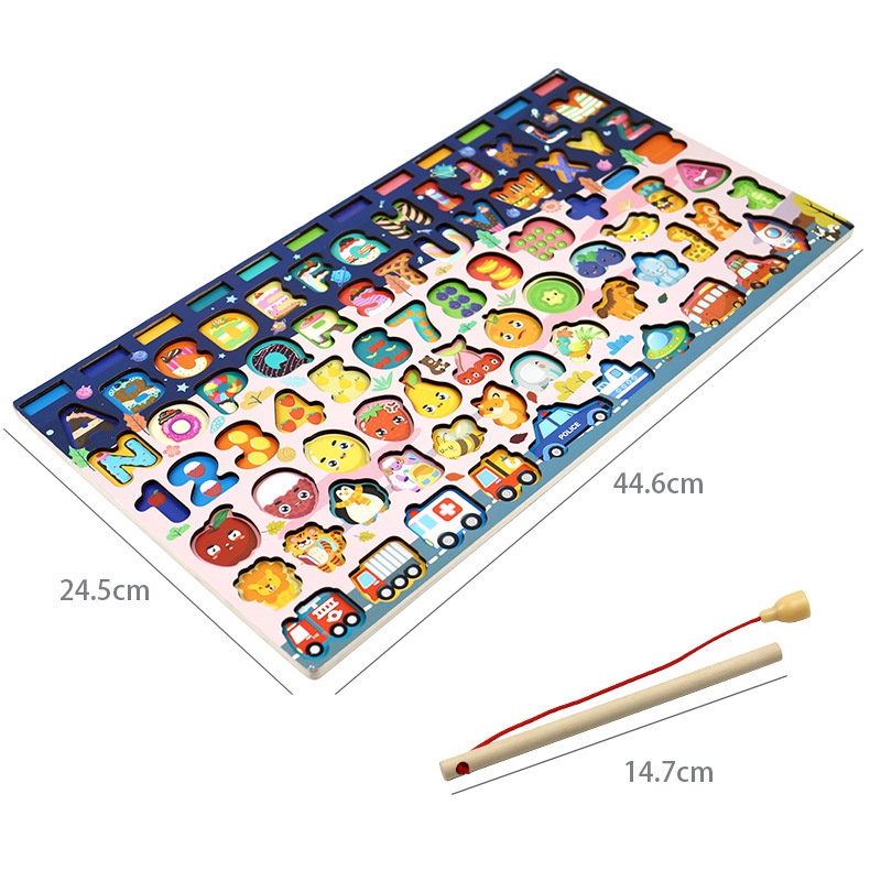 Bảng câu cá thông minh 7in1 học chữ, học số, giao thông, hình học 89 chi tiết Bằng Gỗ Cao Cấp