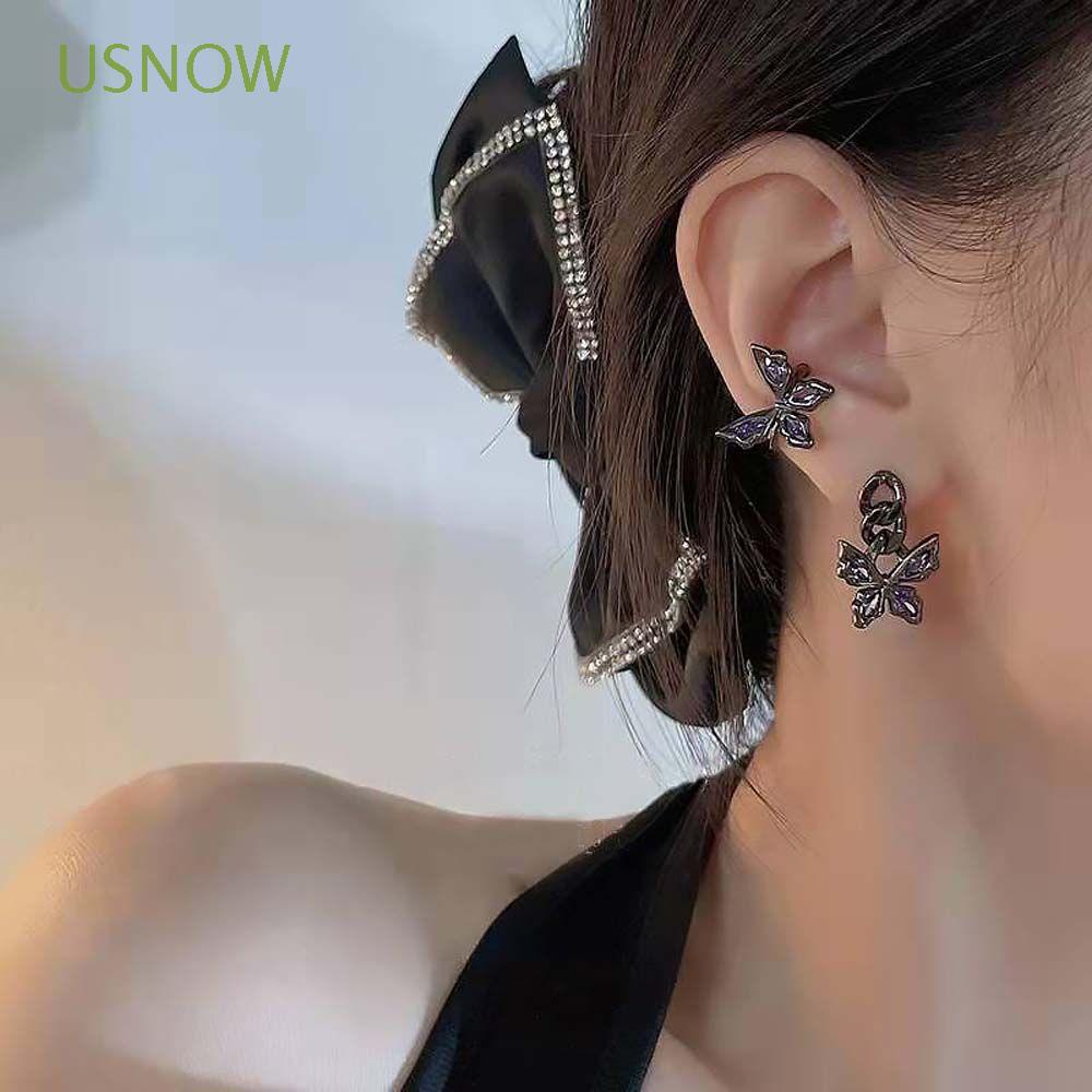 Khuyên tai dạng vòng hở màu trơn hình bướm màu đen phong cách Hàn Quốc cổ điển cho nữ