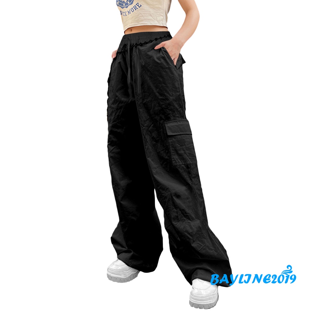 Quần Baggy Dài Ống Rộng Lưng Thun Rút Dây Màu Trơn Thời Trang Cho Nữ