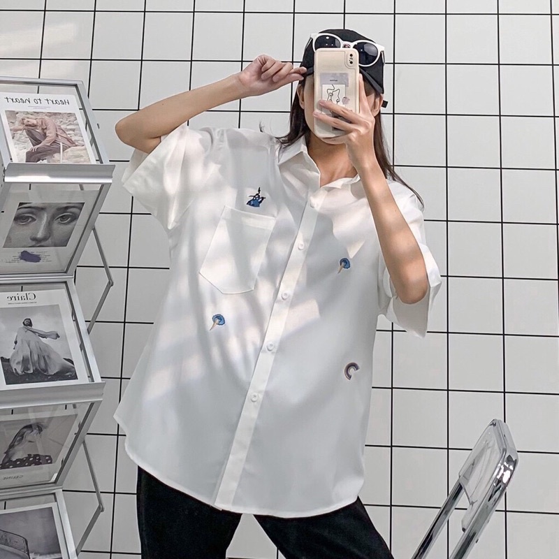 [SIEU SALE] Áo Sơ Mi Tay Lỡ Unisex Form Rộng Nam Nữ Ulzzang Hình Thêu Chất Co Dãn Thoải Mái | BigBuy360 - bigbuy360.vn