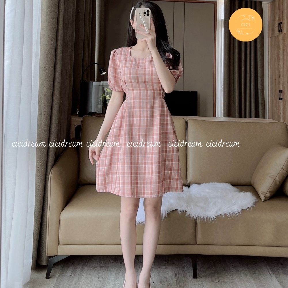 Đầm nữ kẻ công sở cổ , Đầm nữ kẻ sọc nhí midi bo eo tôn dáng cực xinh
