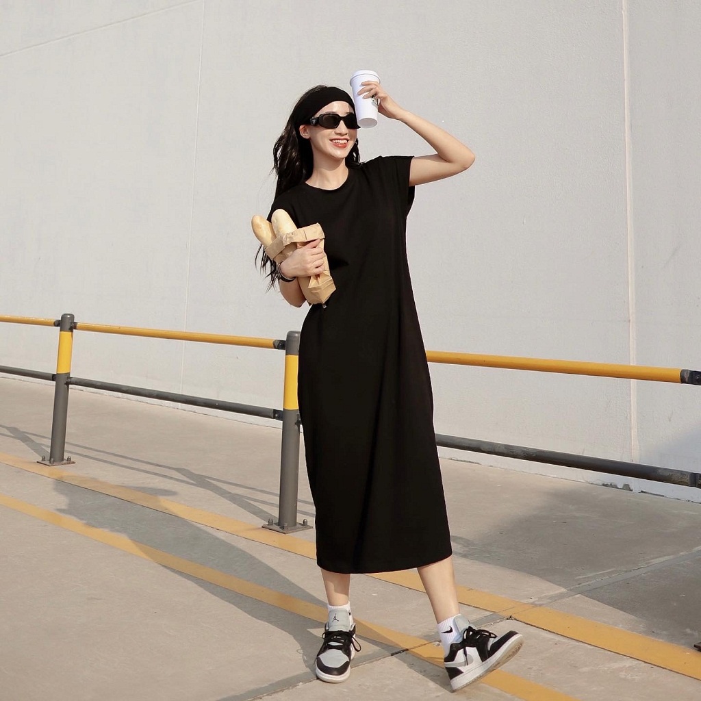 Váy thun dáng suông , đầm thun cotton dáng suông, đầm suông rộng dáng dài 2 màu Đen , Trắng - CHOOSE ME KLP | BigBuy360 - bigbuy360.vn