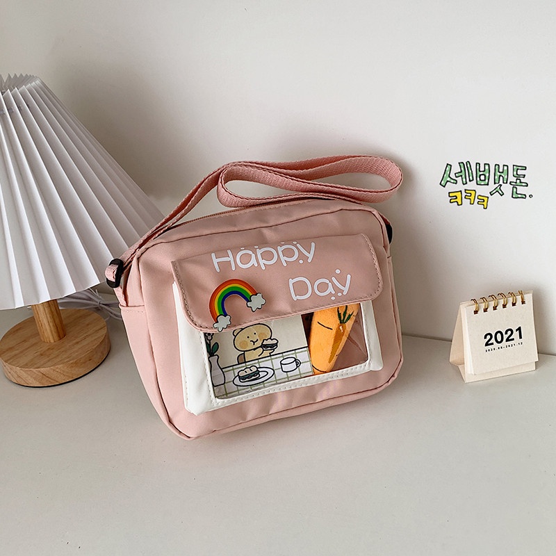 Túi đeo chéo nữ Happy Day cute dễ thương vải canvas (kèm phụ kiện)
