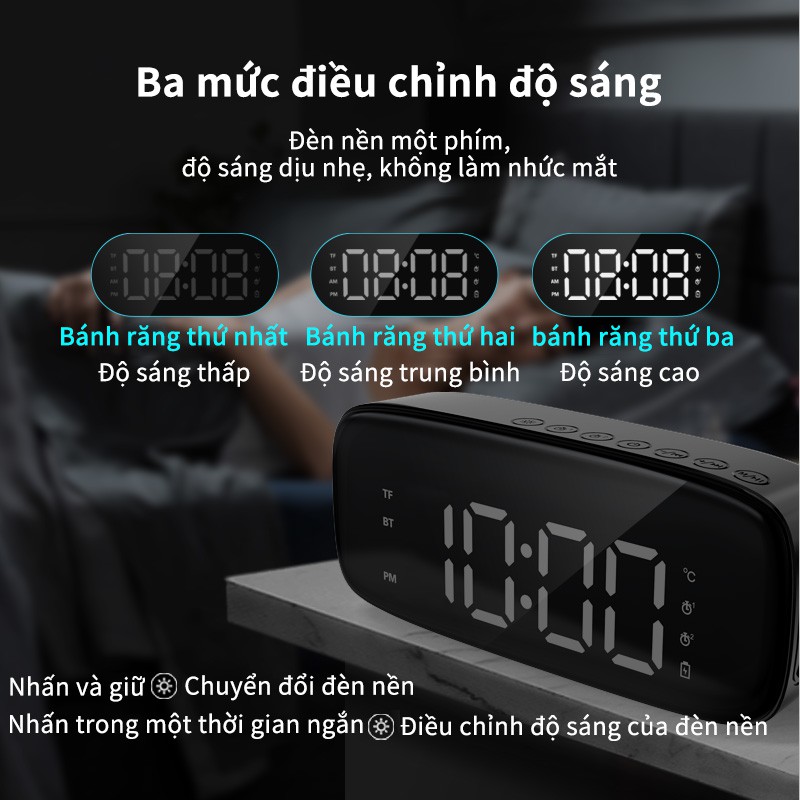 Loa bluetooth kiêm đồng hồ báo thức có màn hình LED hiển thị nhiệt độ và dung lượng pin Loa âm thanh nổi siêu trầm